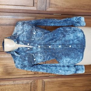 Tru Religion Distressed Snap Front Denim Shirt Sz XS